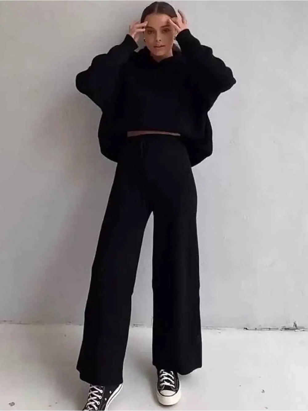 Wide Leg Drawstring Pant set- Black